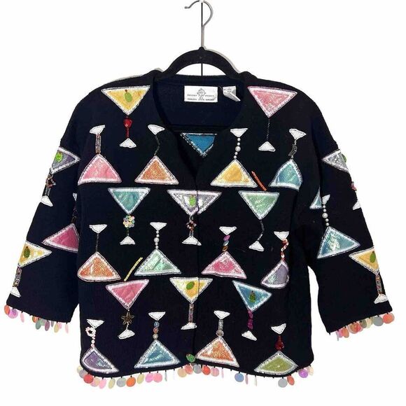 DESIGN OPTIONS Cardigan Sweater Martini Glass 3D Beaded Multicolor Bling Knit - Picture 1 of 8